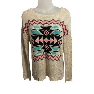 Pink Rose Ribbed Ladies Sweater Sz L Aztec Western